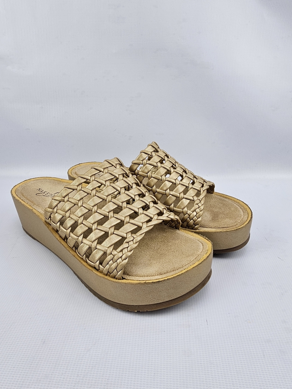 Naked Feet Cyprus Platform Sandals Gold Woven Women's Size 7.5